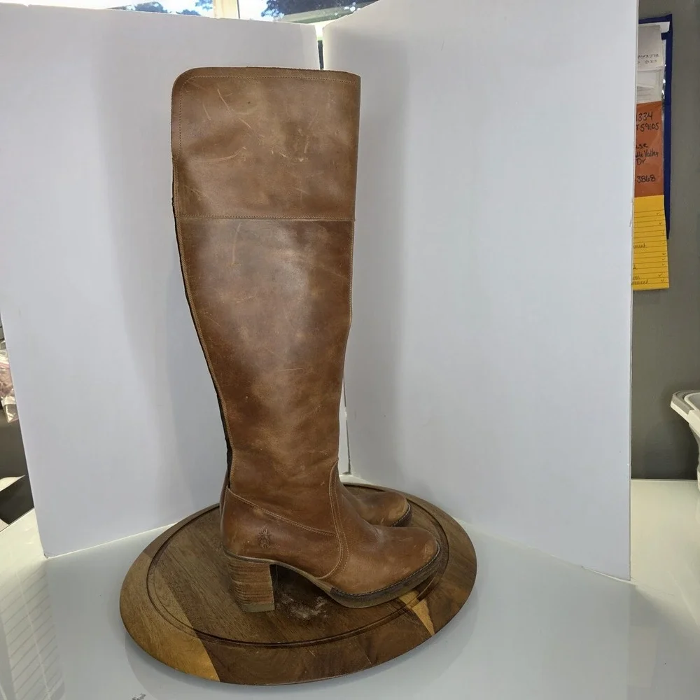 Fly London Over Knee-high Boots Sz 39 Us 8 Brown Leather Elastic Gusset Zipper